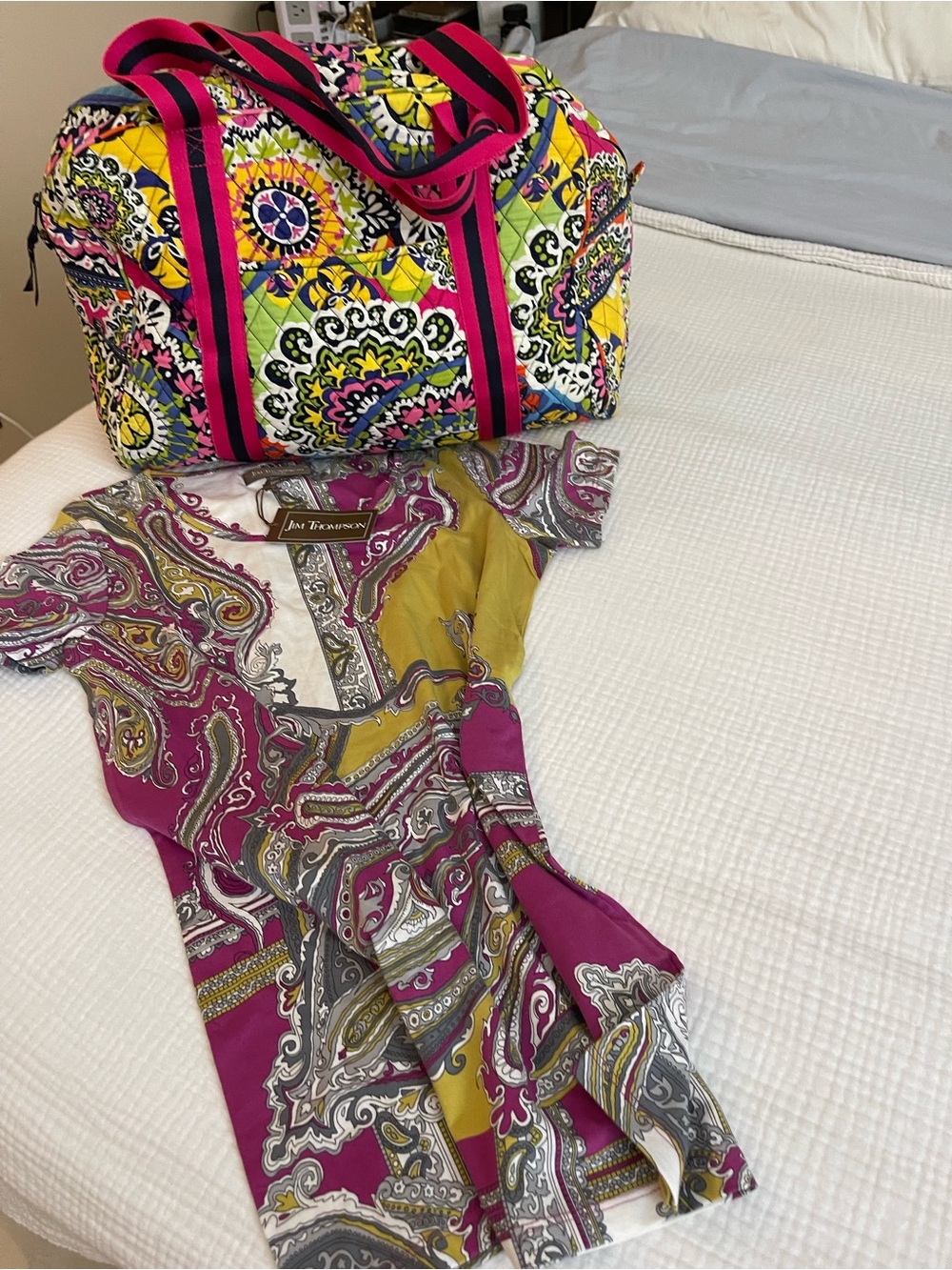 Vera Bradley Patterned Quilted Weekender Bag with Pink Trim and top